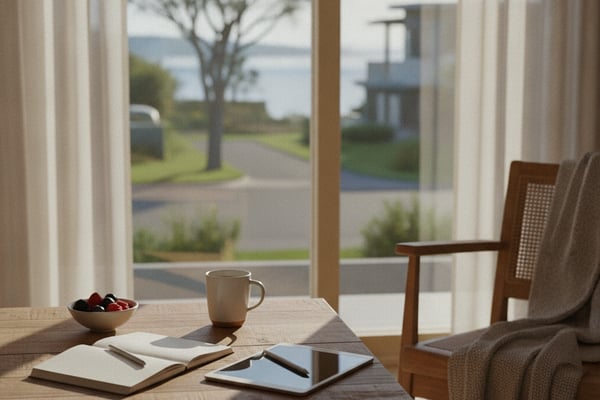 Wooden desk with mug, notebook, and tablet overlooking coastal landscape through floor-to-ceiling windows
